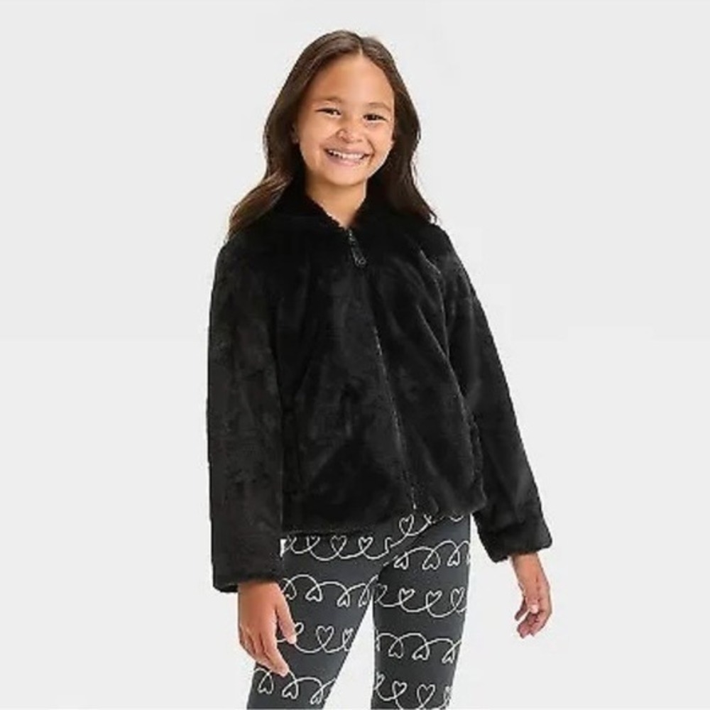 Cat & Jack Black Faux Fur Hooded Zip Up Jacket Size Youth XL